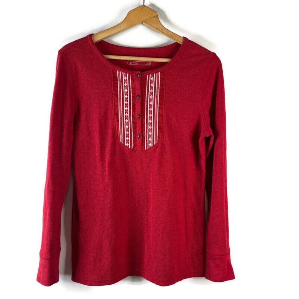 Eddie Bauer Womens Thermal Shirt Top Size Large Red Aztec Embroidered Round Neck
